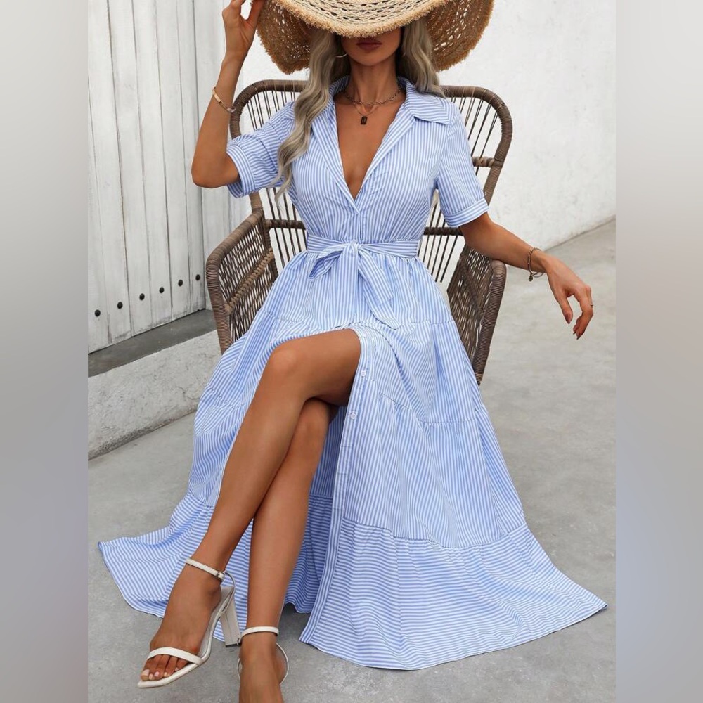 SHEIN Blue Buttoned Tie Front Maxi Dress Large